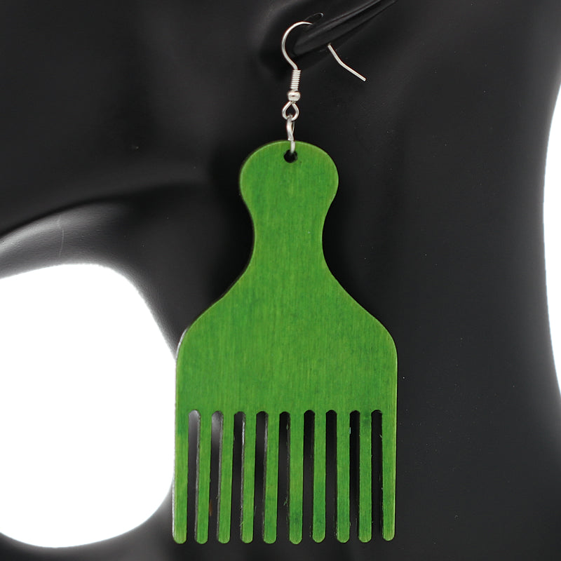 Green Afro Pick Comb Afrocentric Wooden Earrings