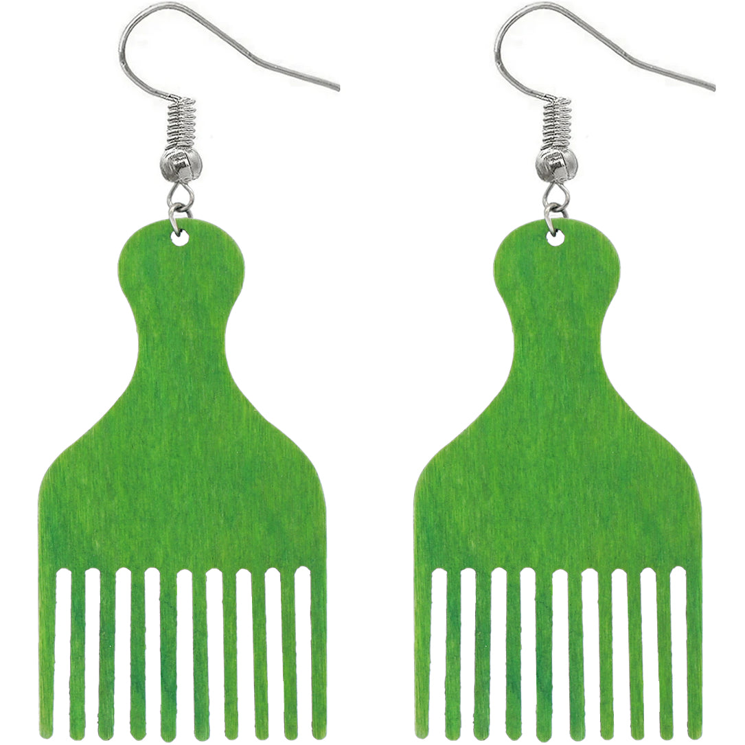 Green Afro Pick Comb Afrocentric Wooden Earrings