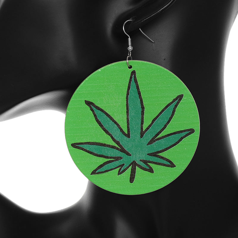 Green Large Marijuana Leaf Wooden Earrings