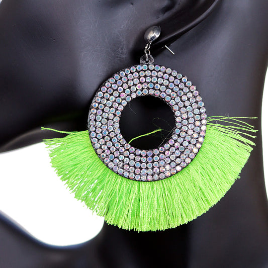 Neon Green Large Tassel Fan Rhinestone Earrings