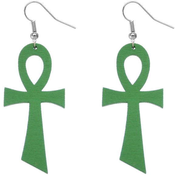 Green Wooden Ankh Earrings