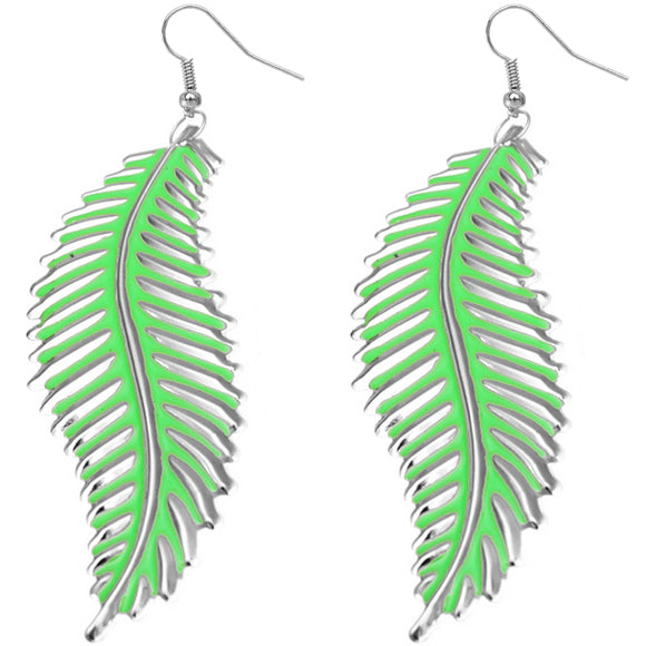 Green Long Curvy Leaf Earrings