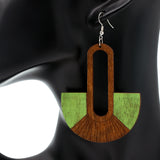 Green Long Oval Fan Wooden Earrings