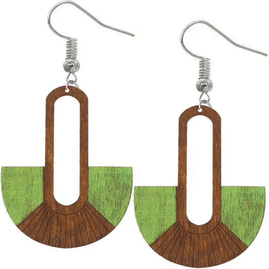 Green Long Oval Fan Wooden Earrings