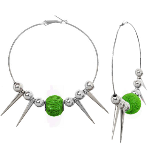 Green Mesh Spike Bead Hoop Earrings
