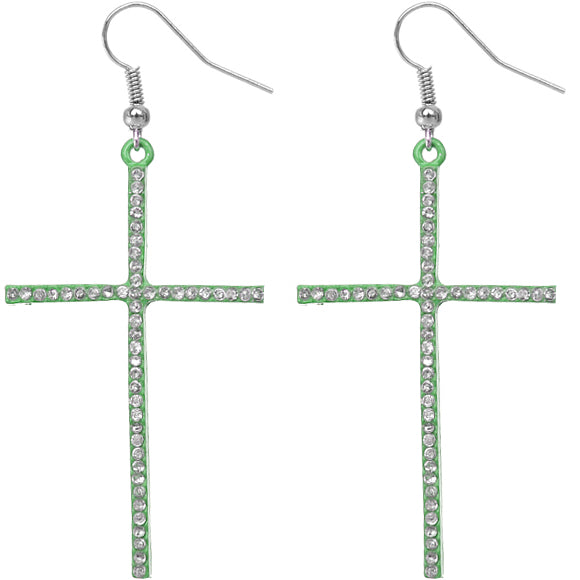 Green Studded Mini Rhinestone Cross Earrings