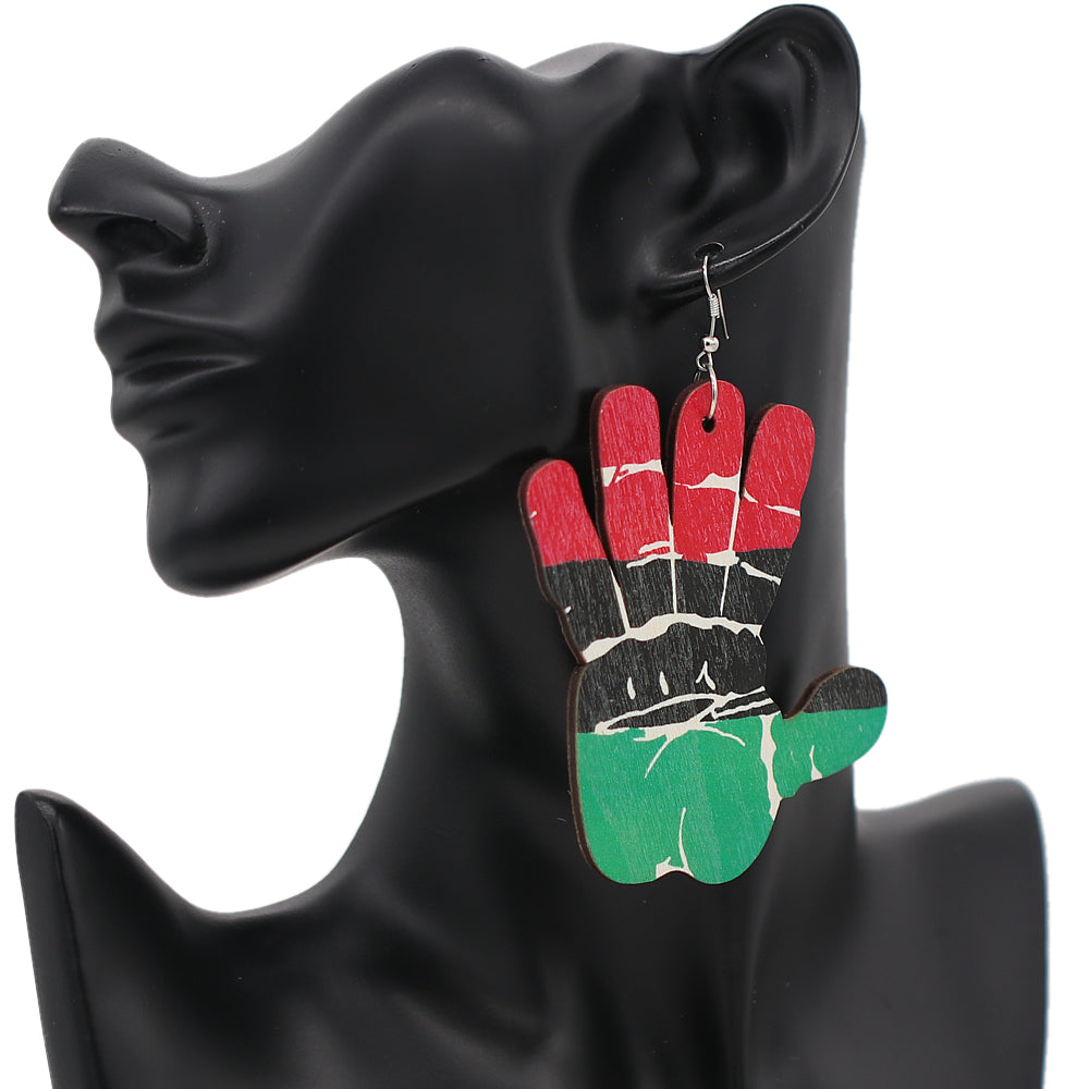 Black Multicolor Rasta High Five Hand Wooden Earrings