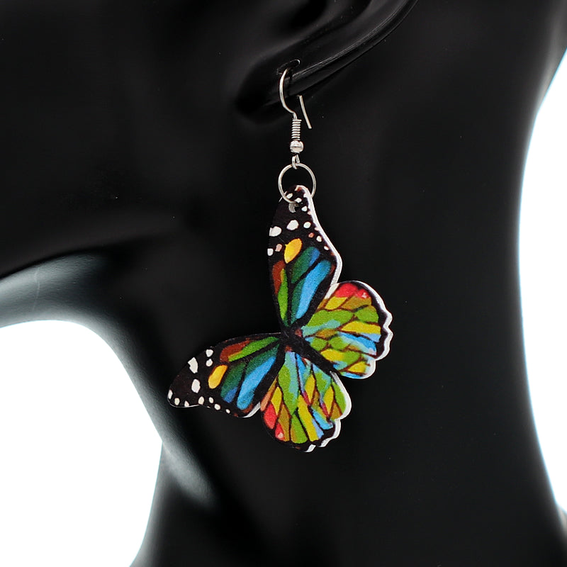 Green Multicolor Butterfly Wooden Mini Earrings