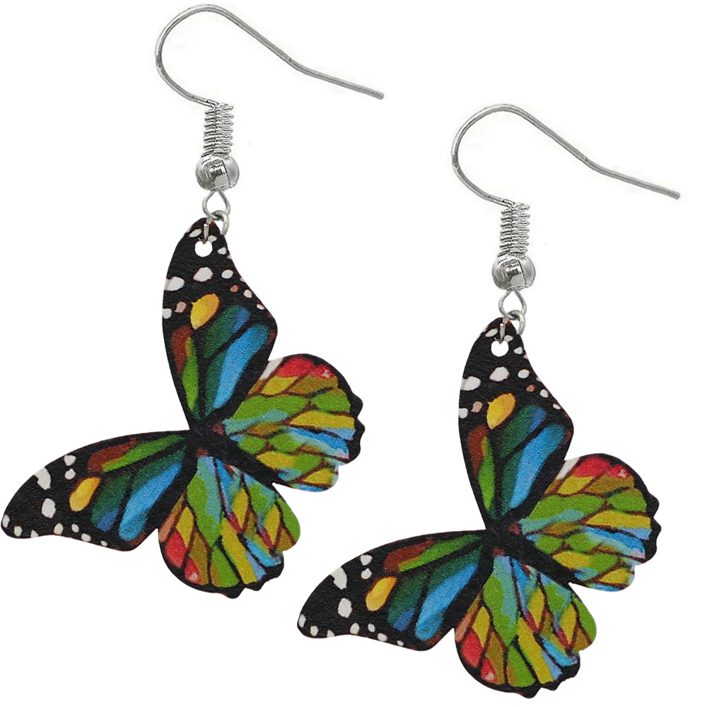 Green Multicolor Butterfly Wooden Mini Earrings