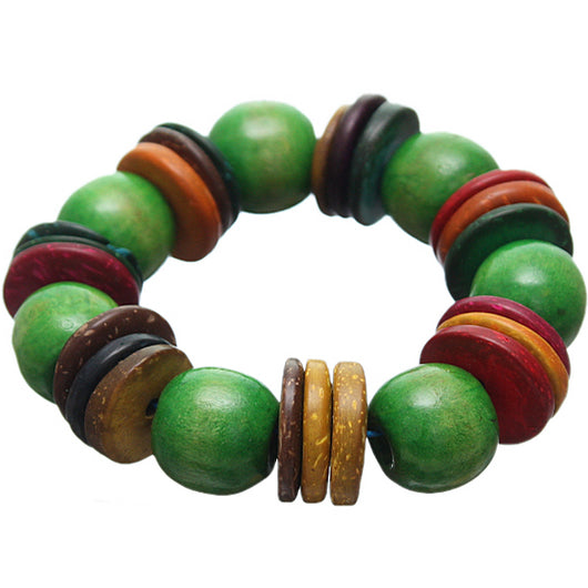 Green Multicolor Wooden Bead Stretch Bracelet