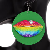 Green Multicolor Big Lip Wooden Earrings