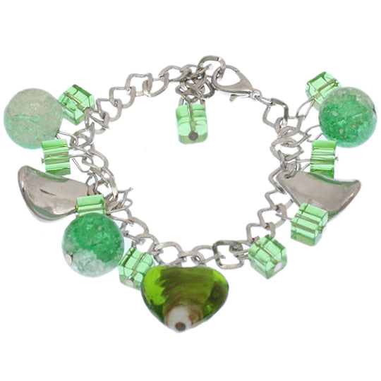 Green Murano Glass Heart Charm Chain Link Bracelet