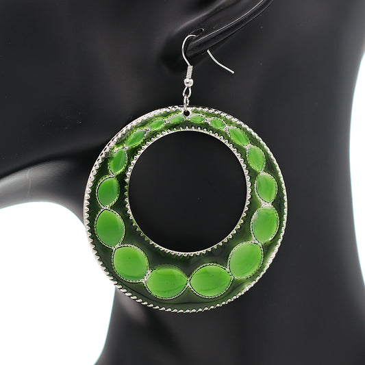 Green Glossy Open Circle Thin Metal Earrings