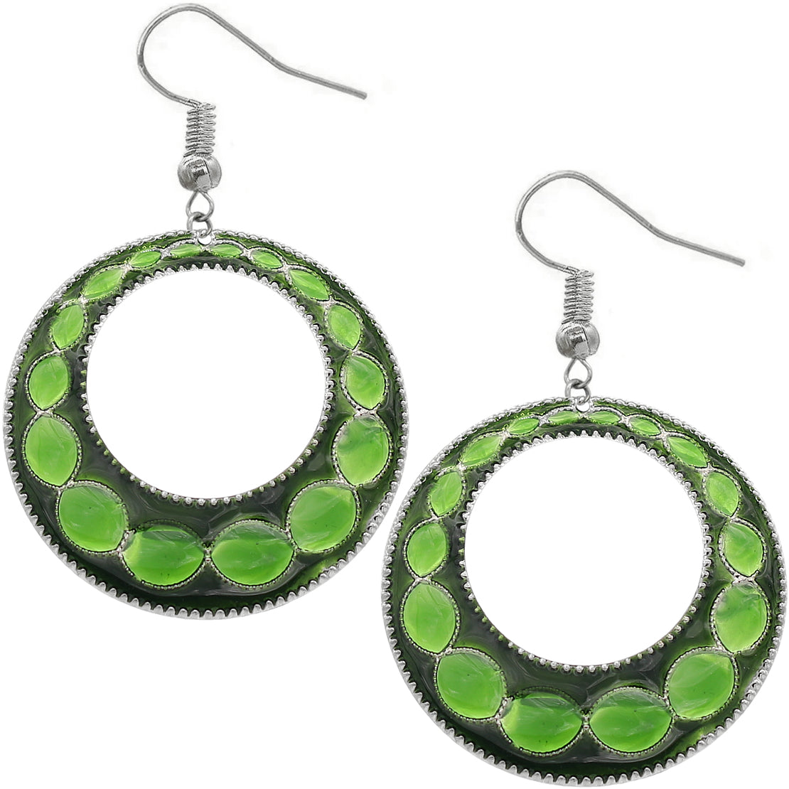 Green Glossy Open Circle Thin Metal Earrings