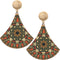 Orange Green Boho Floral Print Wooden Earrings