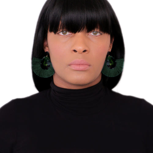 Green Oval Fan Tassel Earrings