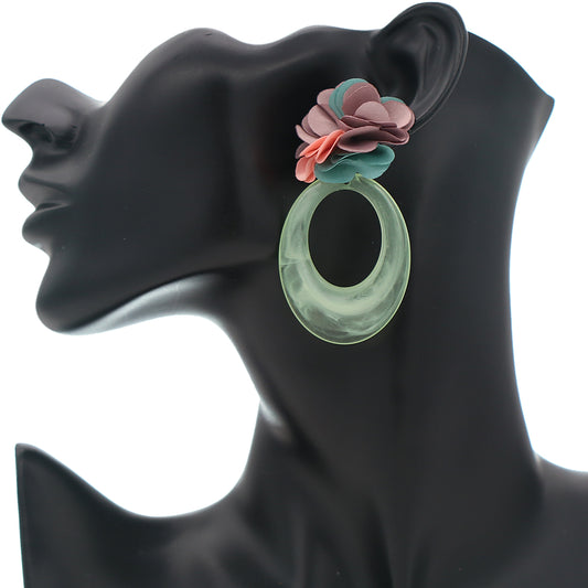 Green Oval Floral Resin Earrings