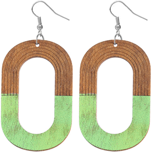 Green Oval Wooden Dangle Earrings