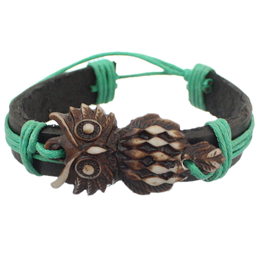 Green Faux Leather Hoot Owl String Bracelet