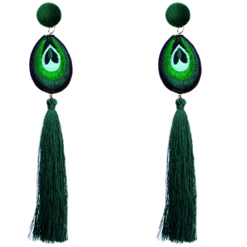 Green Long Peacock Tassel Earrings