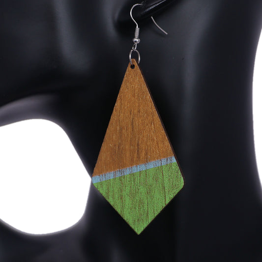 Green Wooden Geometric Pentagon Dangle Earrings