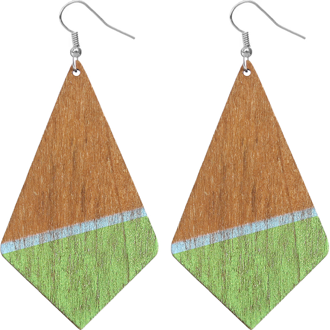 Green Wooden Geometric Pentagon Dangle Earrings