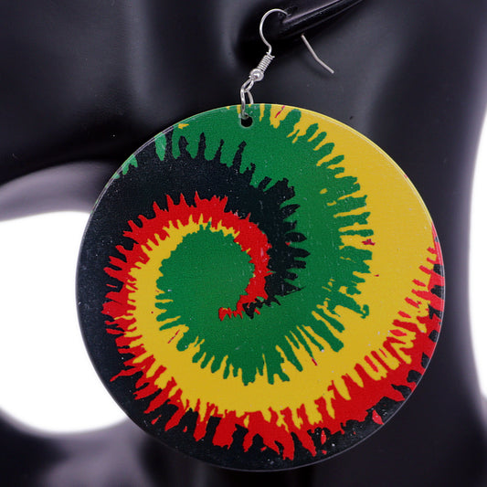 Green Red Large Wooden Rasta Spin Swirl Earrings