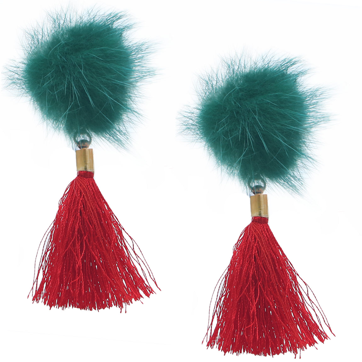 Green Red Fluffy Pom Pom Tassel Earrings