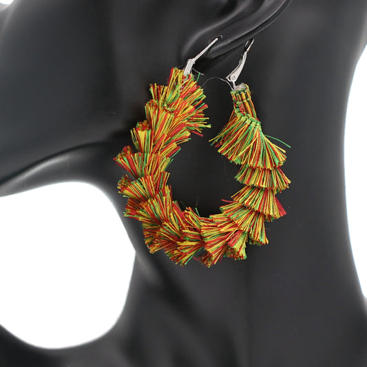 Green Red Wrapped Tassel Teardrop Hoop Earrings
