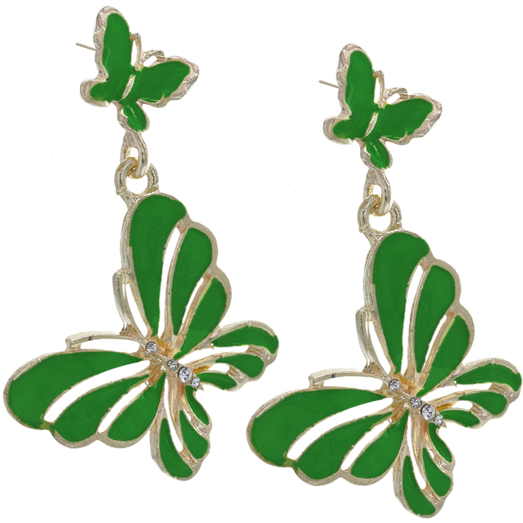Green Butterfly Rhinestone Dangle Earrings