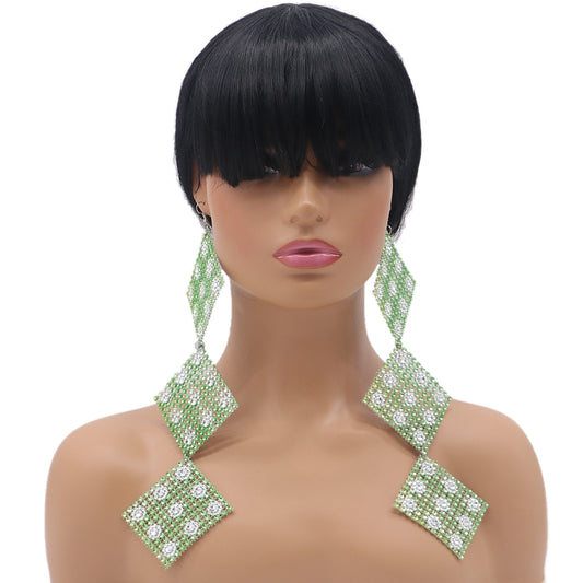 Green Rhinestone Long Mesh Flat Earrings