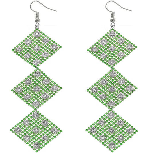 Green Rhinestone Long Mesh Flat Earrings