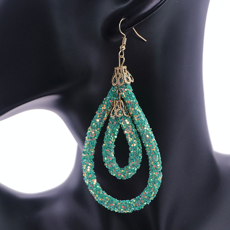 Green Sequin Confetti Double Teardrop Hoop Earrings