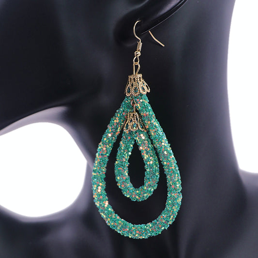 Green Sequin Confetti Double Teardrop Hoop Earrings