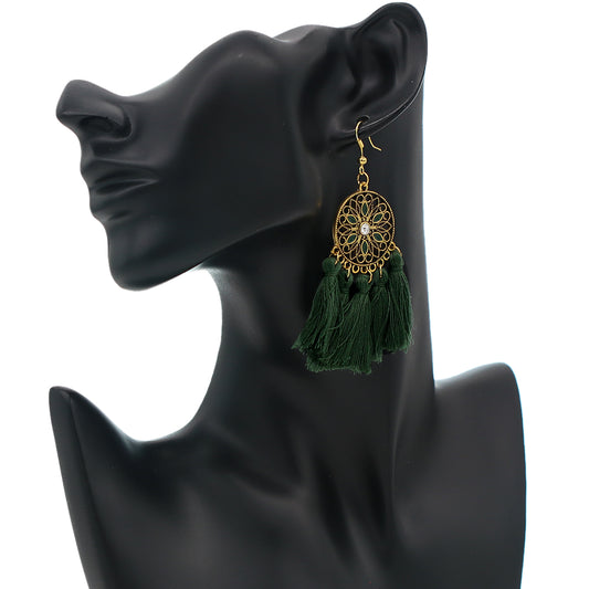 Dark Green Tassel Fringe Mandala Dangle Earrings