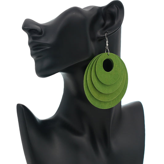 Green Layered Wooden Dangle Earrings