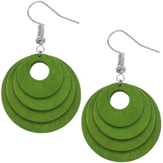 Green Layered Wooden Dangle Earrings
