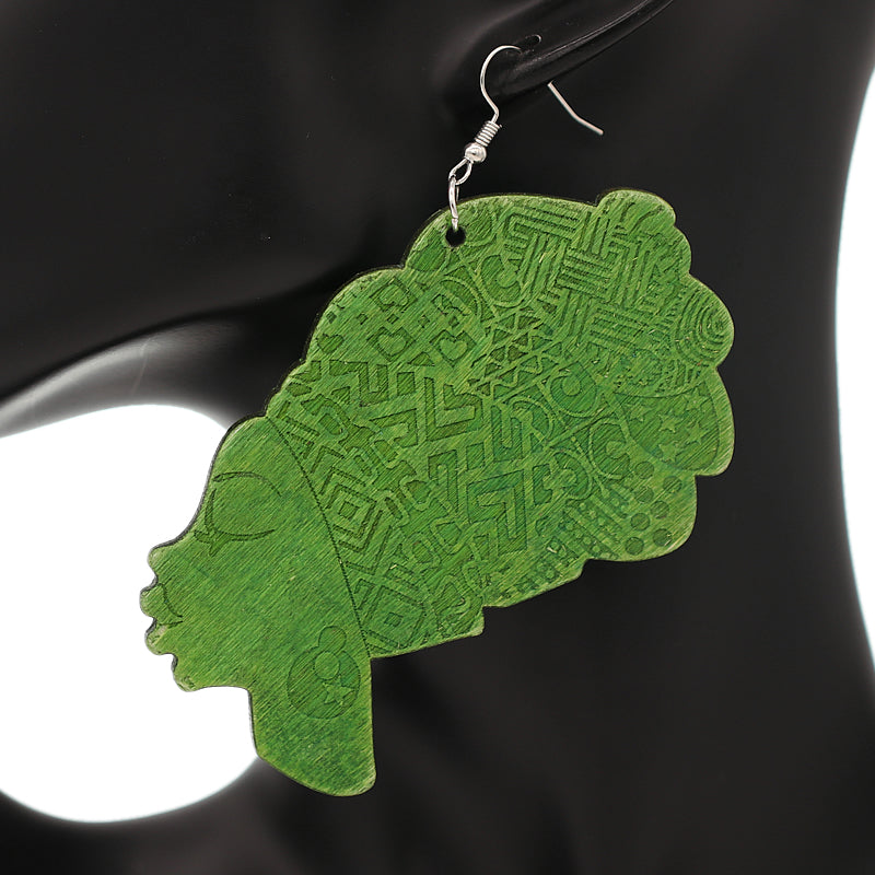 Green Large Turban Head Wrap Wooden Earrings