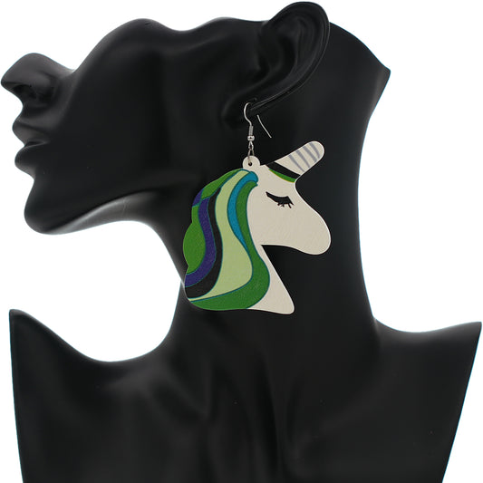Green Unicorn Rainbow Hair Wooden Earrings