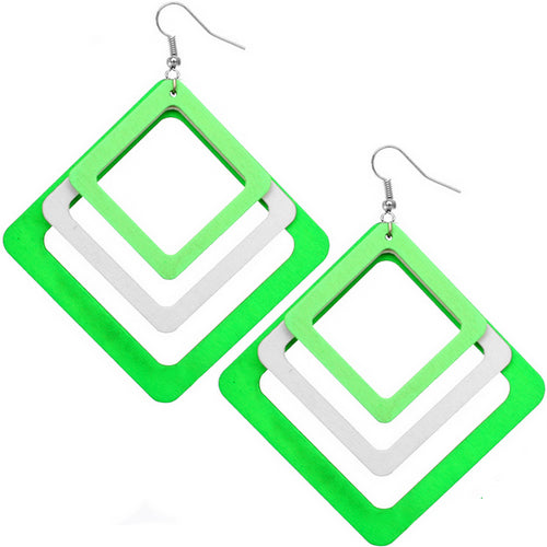 Green White Tripe Layered Wooden Earrings