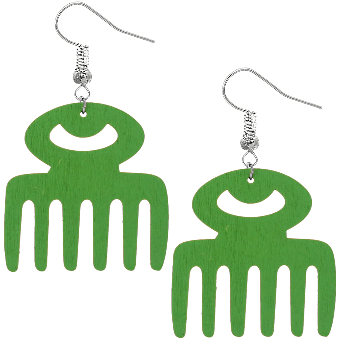 Green Afro Pick Wooden Dangle Earrings