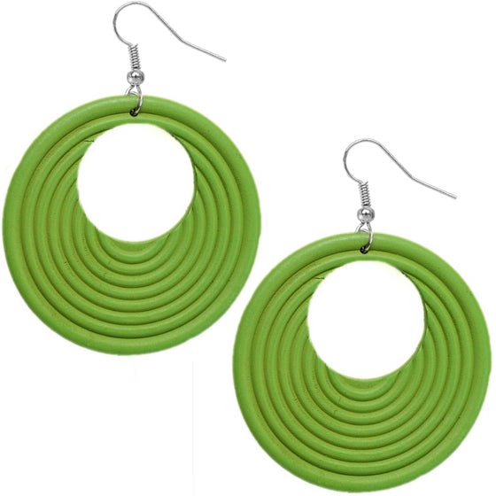 Green Wooden Circular Roll Texture Dangle Earrings