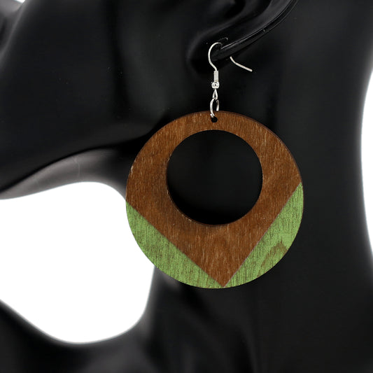Green Round Trim Wooden Dangle Earrings