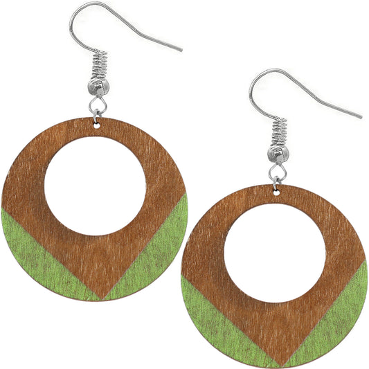 Green Round Trim Wooden Dangle Earrings