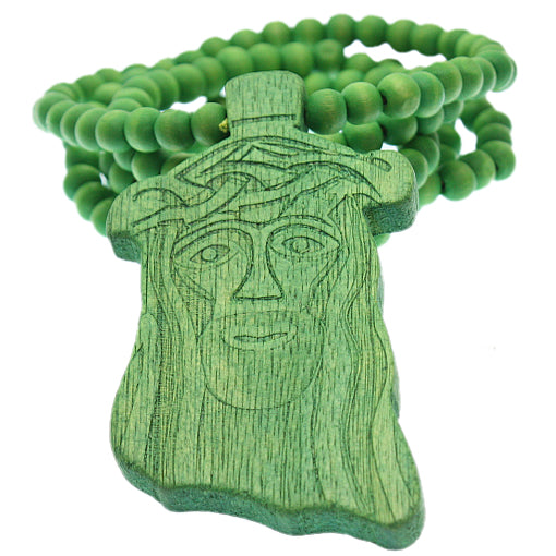 Green Wooden Beaded Chunky Jesus Piece Necklace