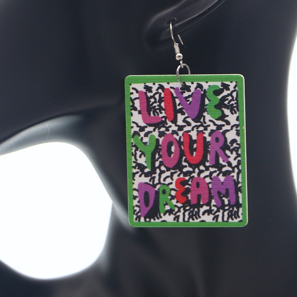 Green Live Your Dream Wooden Earrings