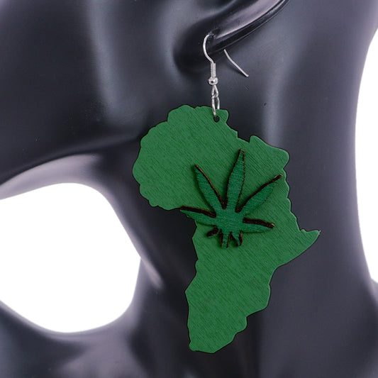 Green Wooden Weed Plant Africa Shaped Earrings