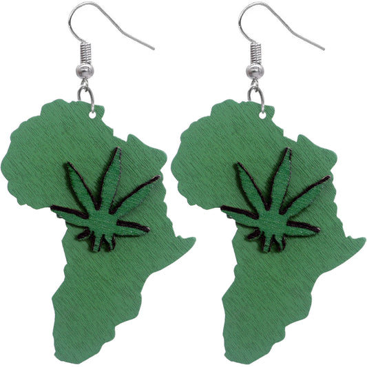 Green Wooden Weed Plant Africa Shaped Earrings