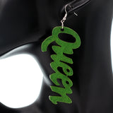 Green Queen Cursive Word Wooden Earrings