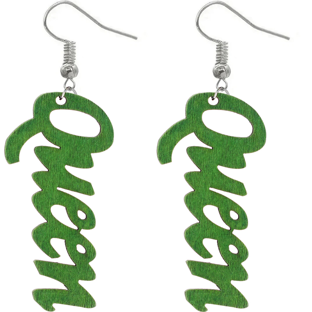 Green Queen Cursive Word Wooden Earrings